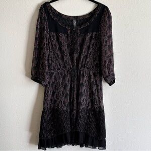 Free People Women's  Black Lace Mini Dress SZ M Leather Tie 3/4 Sleeve